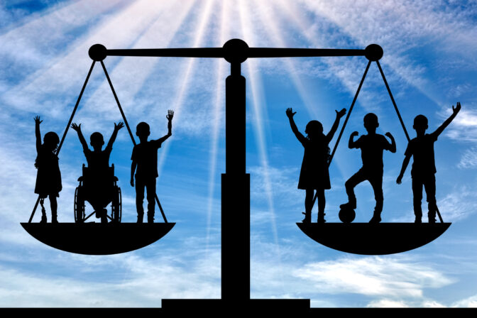 Equality among children, featuring a balanced scale with both disabled and non disabled kids.