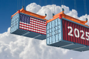 Trading 2025. Freight container with USA national flag. 3D Rendering