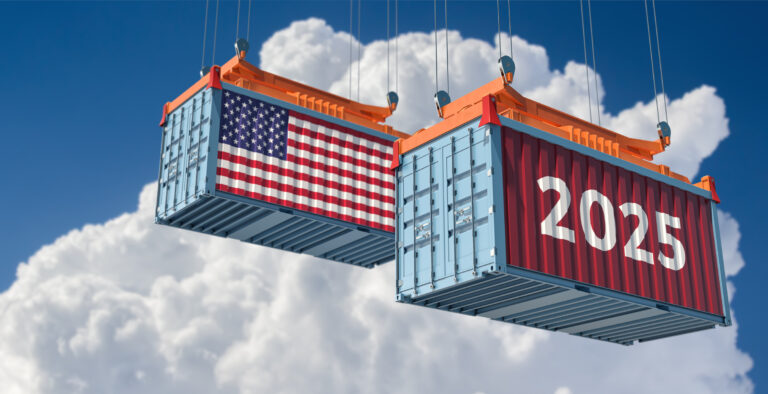 Trading 2025. Freight container with USA national flag. 3D Rendering
