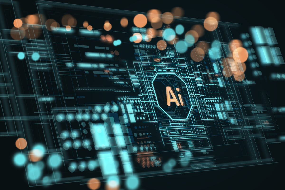 Illustration of AI board with the word AI in the center and abstract bokeh around it. Concept of Artificial Intelligence, Development of AI Technology with space for text.