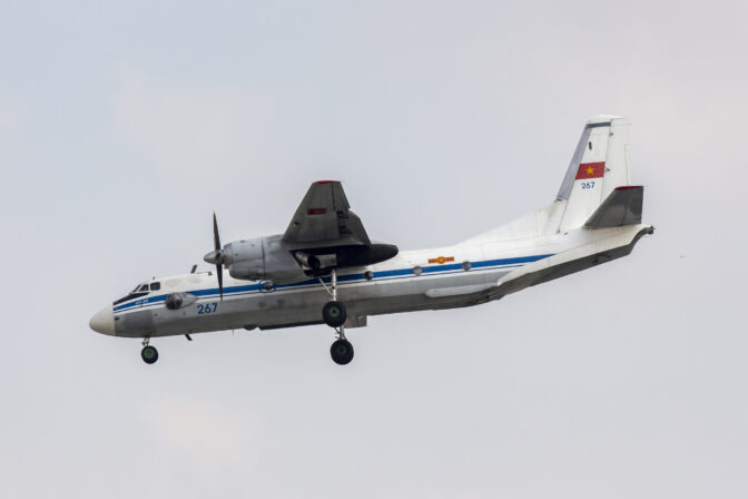 An Antonov An 26 Aircraft Of Vietnam People's Air Force With Registration 267 Landing At Tan Son Nhat International Airport.