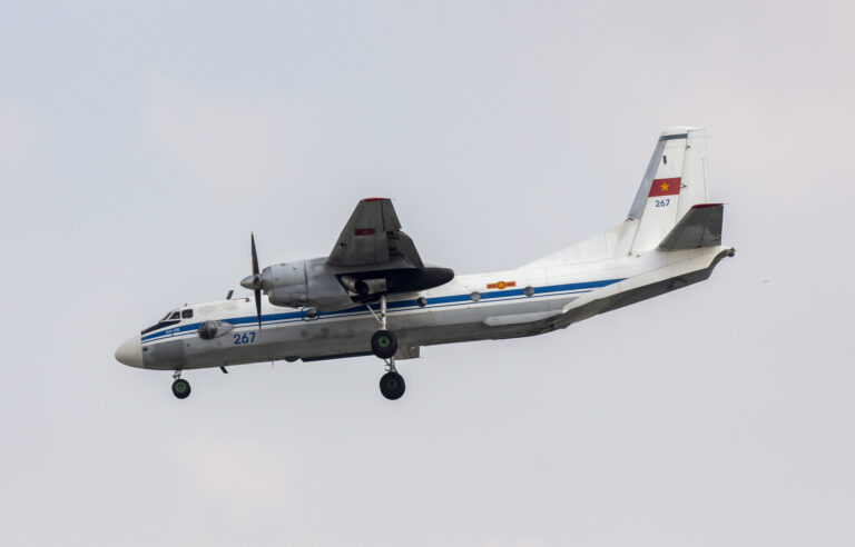 An Antonov An 26 Aircraft Of Vietnam People's Air Force With Registration 267 Landing At Tan Son Nhat International Airport.