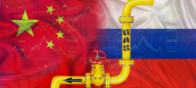 Gas pipeline with Russian and China flag. Production and export of Russian gas to China