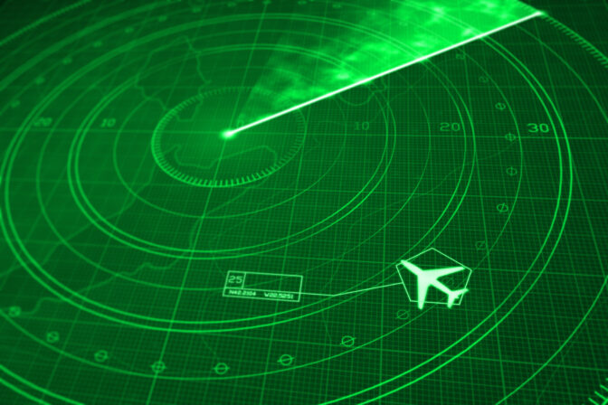 Airplane flight simulator on green radar display with coordinates