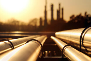Golden sunset in crude oil refinery with pipeline system