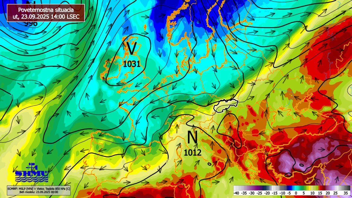 Poveternostná situácia v utorok 23. septembra o druhej popoludní.