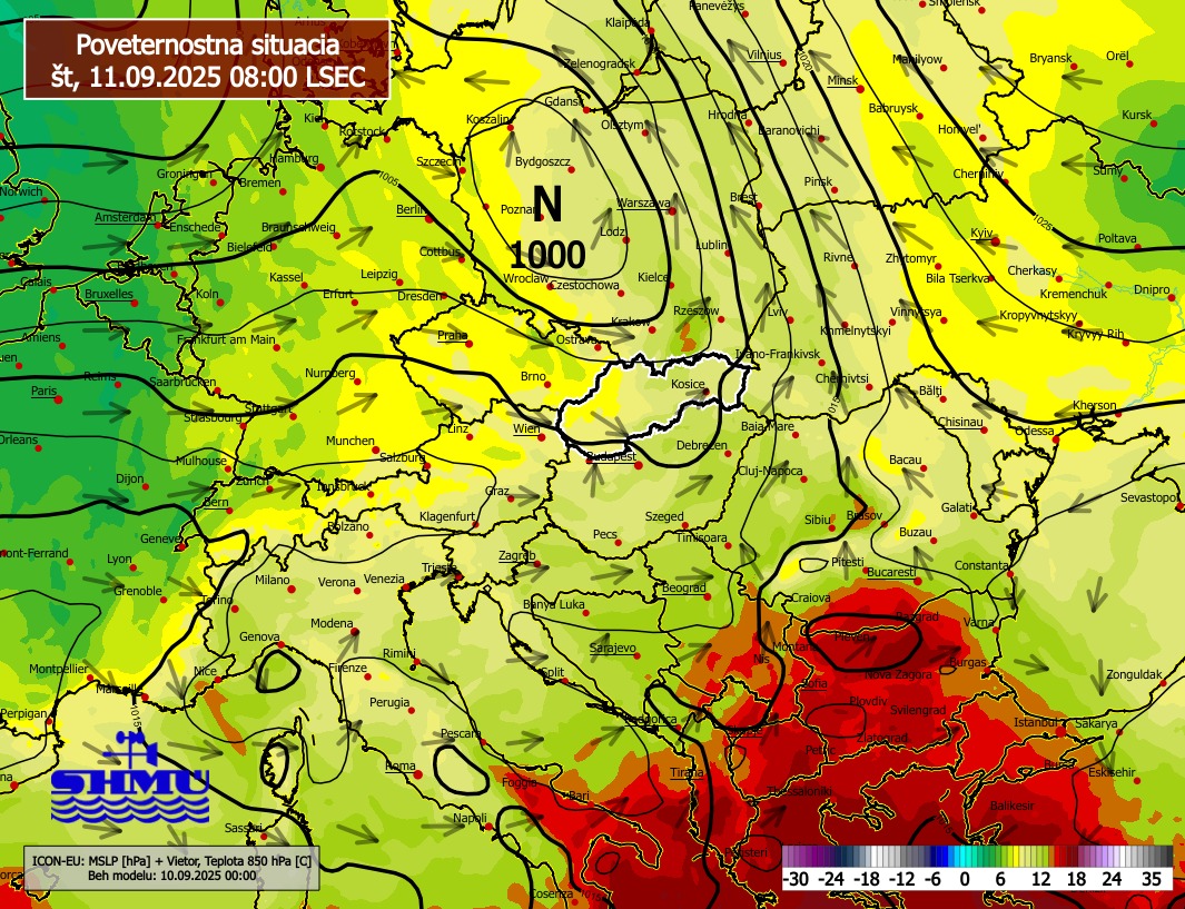 Poveternostná situácia vo štvrtok 11. septembra o 8.00.