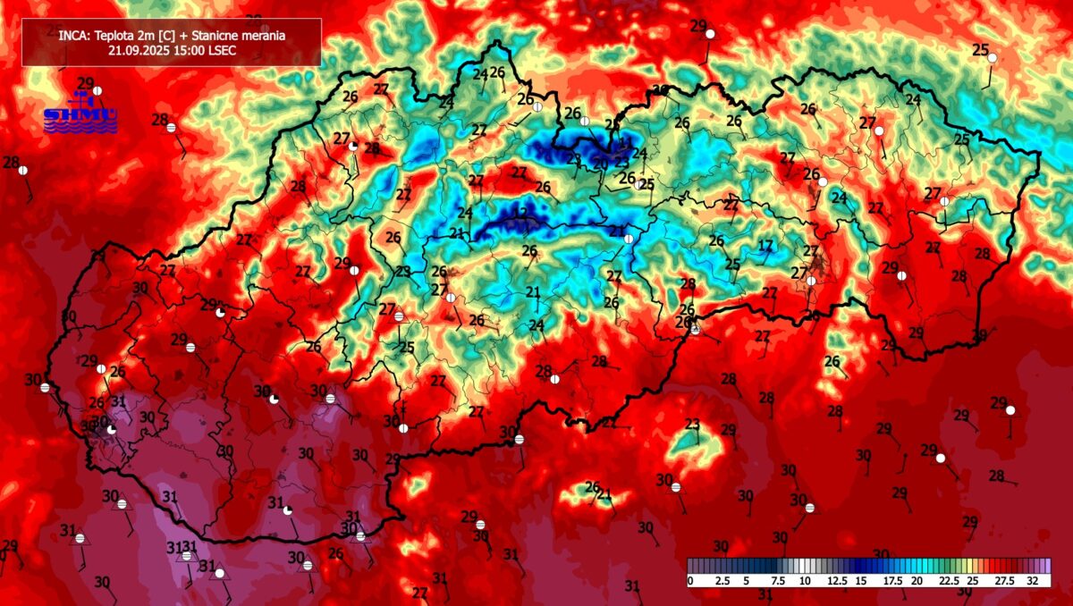 Teplota vzduchu na Slovensku v nedeľu 21. septembra 2025 o 15.00.