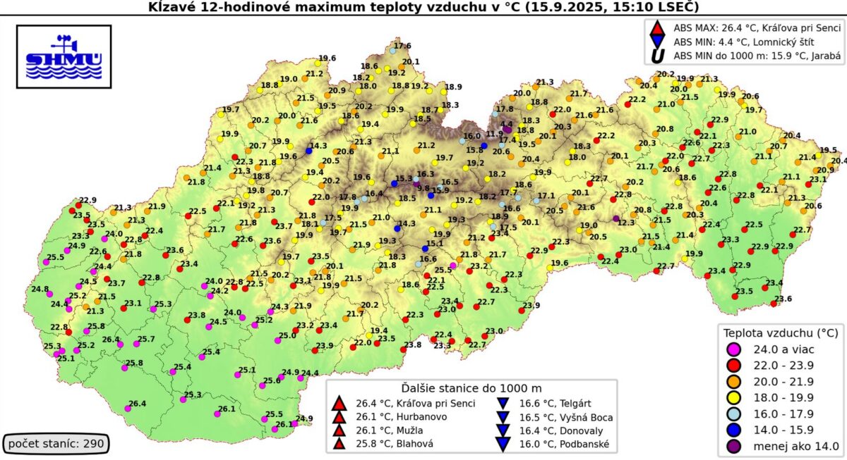 Teploty na Slovensku v pondelok 15. septembra po tretej hodine popoludní.