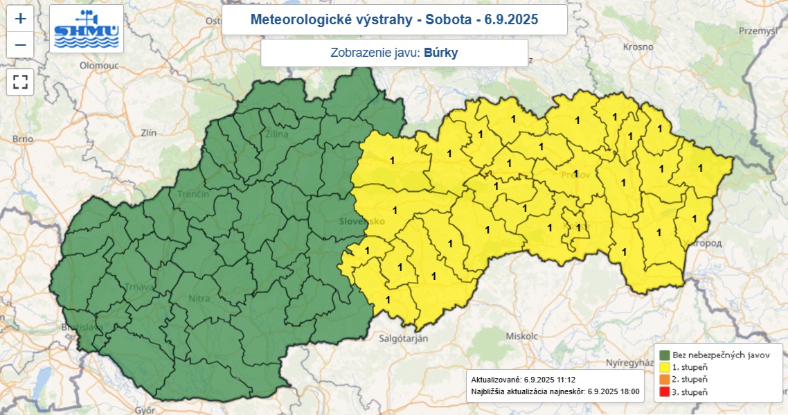Výstraha prvého stupňa pred búrkami bola na sobotu 6. septembra 2025 vydaná pre 28 okresov Slovenska.