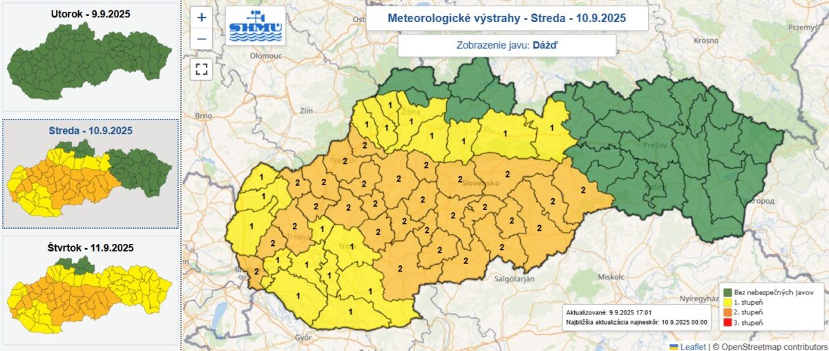 Výstrahy prvého a druhého stupňa pred dažďom, ktoré vydal Slovenský hydrometeorologický ústav (SHMÚ).