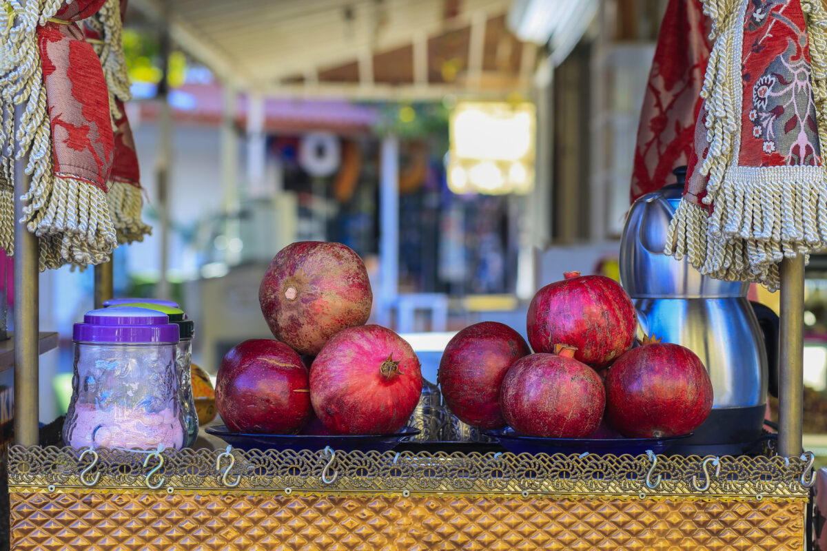 Pomegranate fruits lined up on the counter sold in the tourist area in Turkey