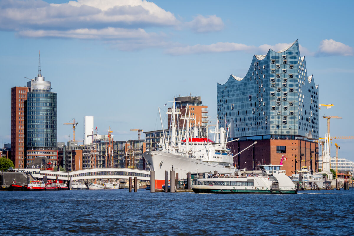 Skyline of the hafencity in hamburg with view to the überseebrücke with a famous old freighter and the elbphilharmonie concert hall in the background