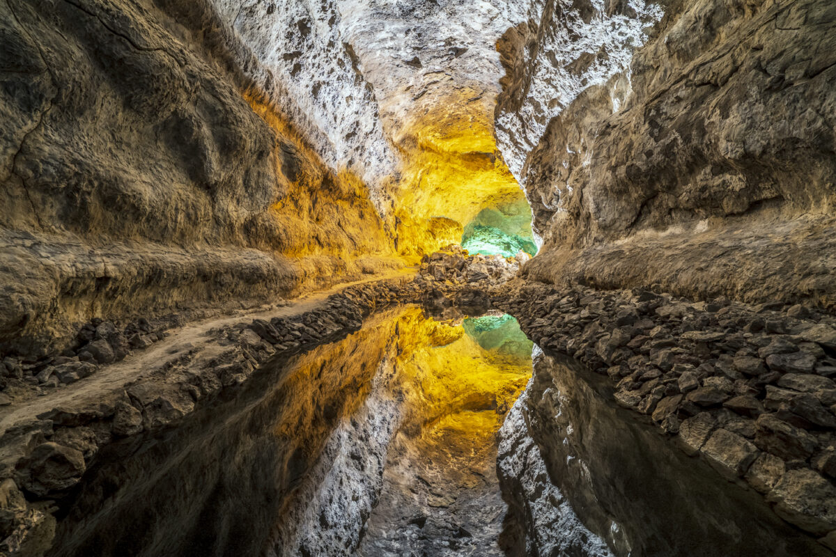 Stunning Verdes Cave with colorful illumination, Lanzarote, Spain