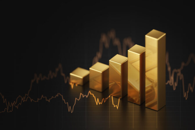 Growth gold bar financial investment stock diagram on 3d profit graph background of global economy trade price business market concept or capital marketing golden banking chart exchange invest value.