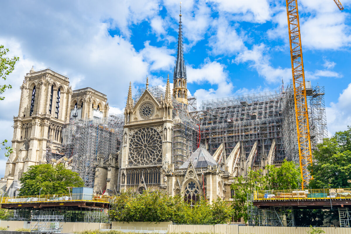 South side and new spire of Notre Dame cathedral under construction