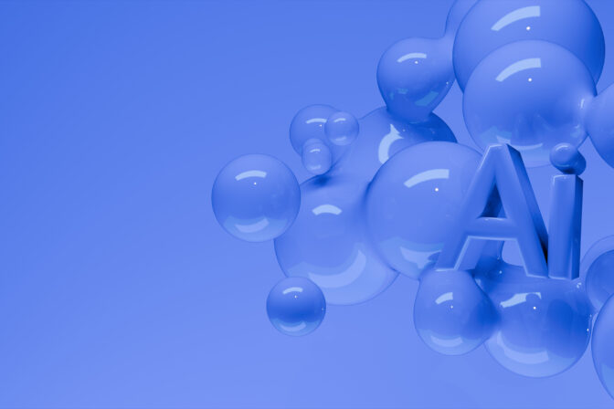 AI letters sign with glossy metaball spheres in flight. Realistic render of AI letters with bubbles on an isolated background.