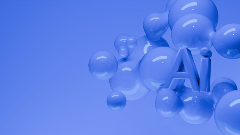 AI letters sign with glossy metaball spheres in flight. Realistic render of AI letters with bubbles on an isolated background.