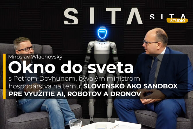 Peter Dovhun v rozhovore s Miroslavom Wlachovským o potenciály Slovenska v oblasti umelej inteligencie, robotiky a autonómnych technológií počas natáčania video podcast Okno do sveta v Štúdiu SITA.