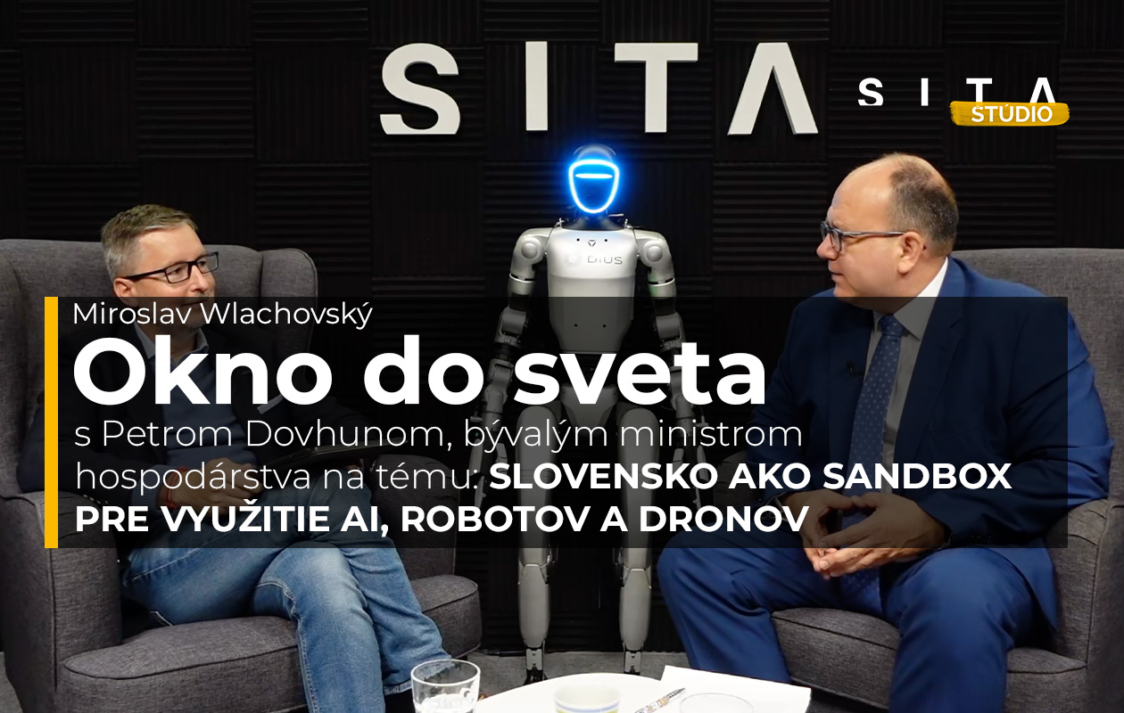 Peter Dovhun v rozhovore s Miroslavom Wlachovským o potenciály Slovenska v oblasti umelej inteligencie, robotiky a autonómnych technológií počas natáčania video podcast Okno do sveta v Štúdiu SITA.