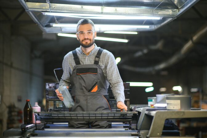 Printing house interior with modern offset print machine and operator in working uniform checking quality and controlling process of print