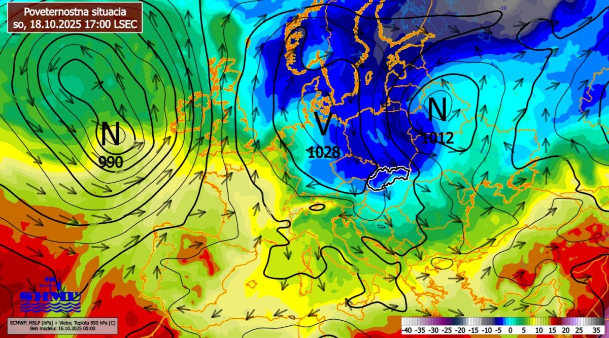 Poveternostná situácia na Slovensku pre sobotu 18. októbra o piatej večer.