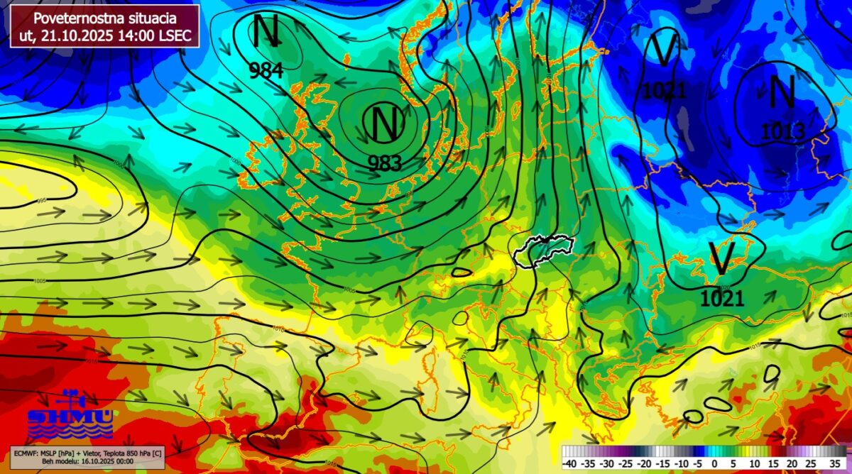Poveternostná situácia na Slovensku pre utorok 21. októbra o druhej popoludní.
