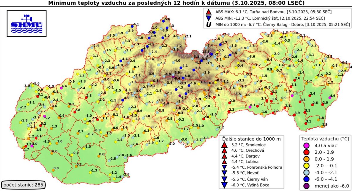 Ranné teploty na Slovensku v piatok 3. októbra 2025.