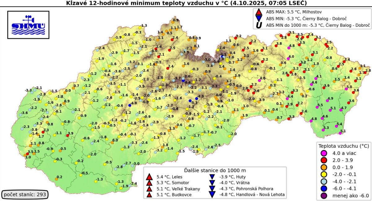 Ranné teploty na Slovensku v sobotu 4. októbra 2025.