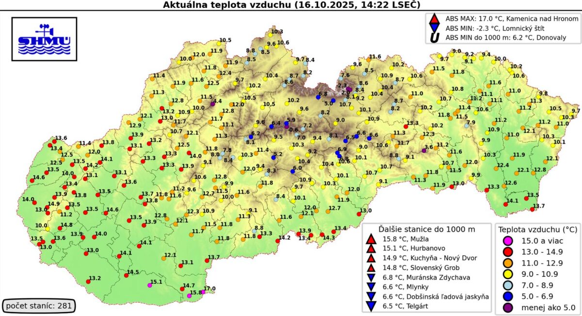 Teplota vzduchu na Slovensku vo štvrtok 16. októbra po druhej hodine popoludní.