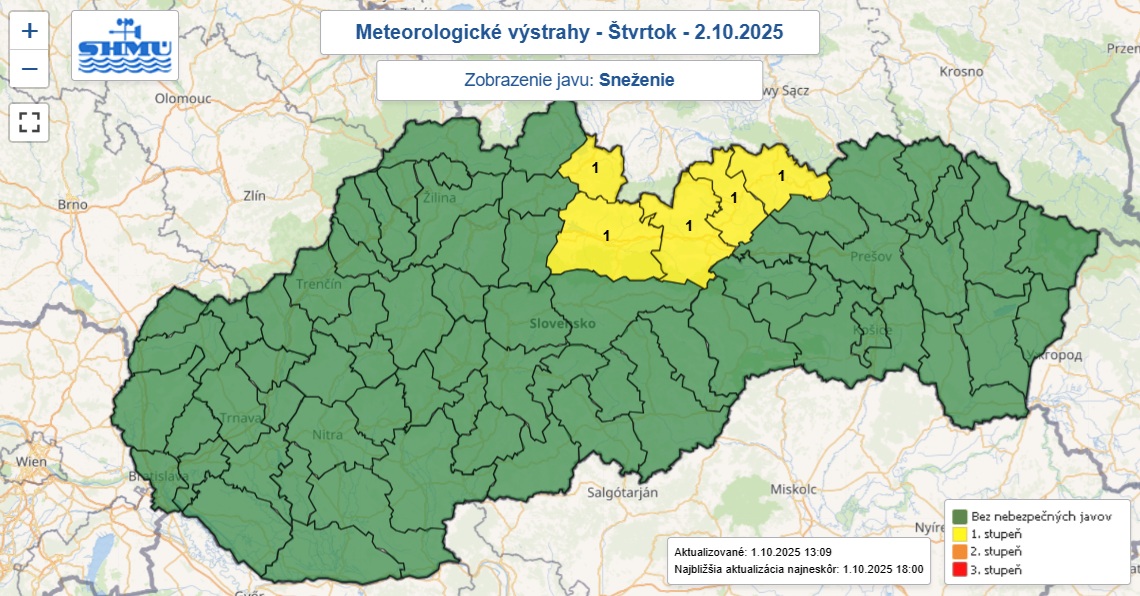 Výstraha prvého stupňa pred snežením je na noc zo stredu na štvrtok vydaná pre 5 okresov Slovenska.
