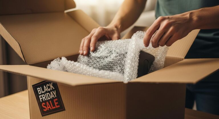 Person carefully unpacking a Black Friday sale purchase from a cardboard box, revealing bubble wrapped items.