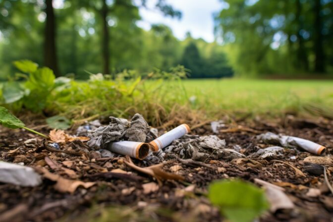 Discarded cigarette butts in park