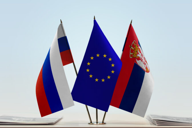 Flags of Russia European Union and Serbia