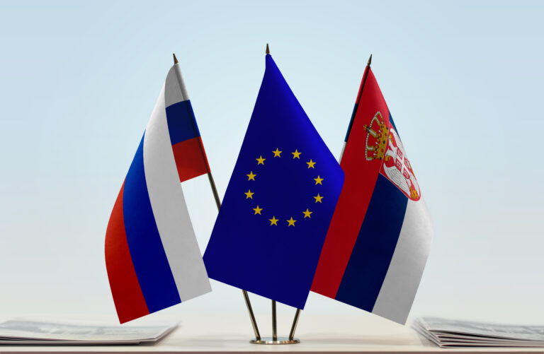 Flags of Russia European Union and Serbia