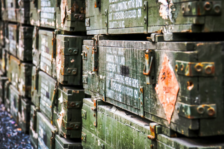 Close up the old wooden ammunition box.