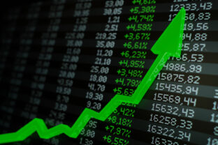 Stock market boom, financial gains, safe investment concept. Green arrow soaring over financial figures. Digital 3D render.