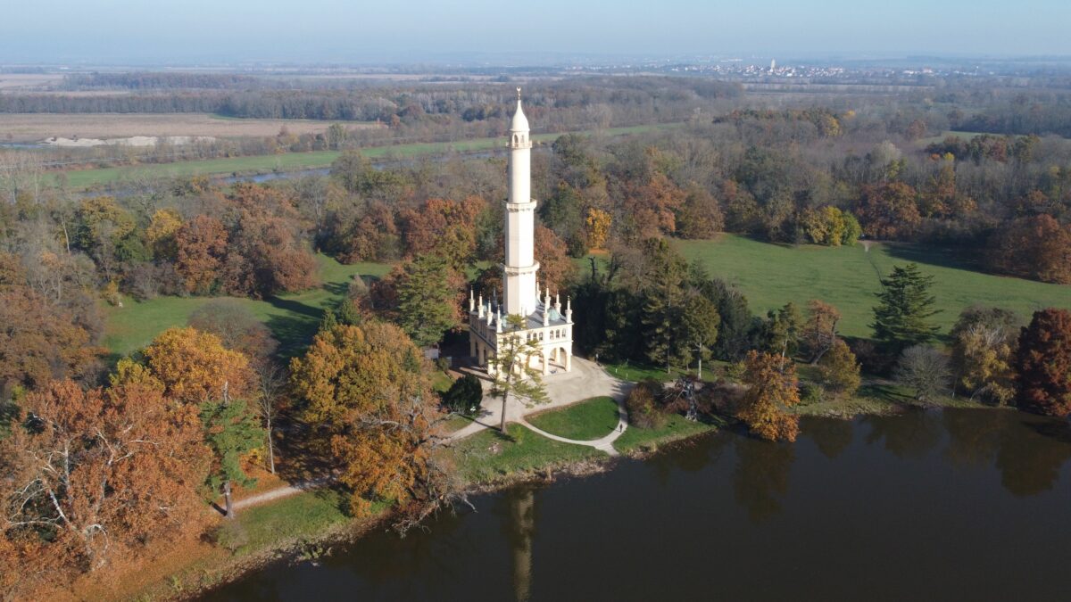 Aerial view of Minaret and Lednice castle park, Czech republic, UNESCO
