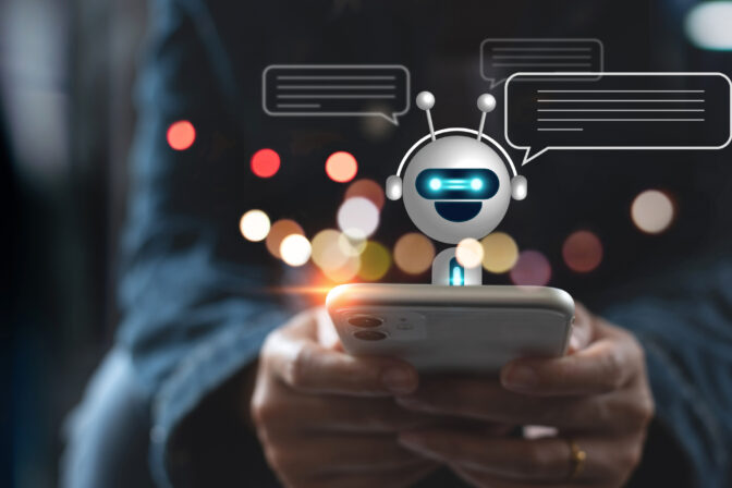 Digital chatbot, A.I., robot application, conversation assistant, AI Artificial Intelligence concept. Woman using mobile smart phone chatting with digital chatbot customer service