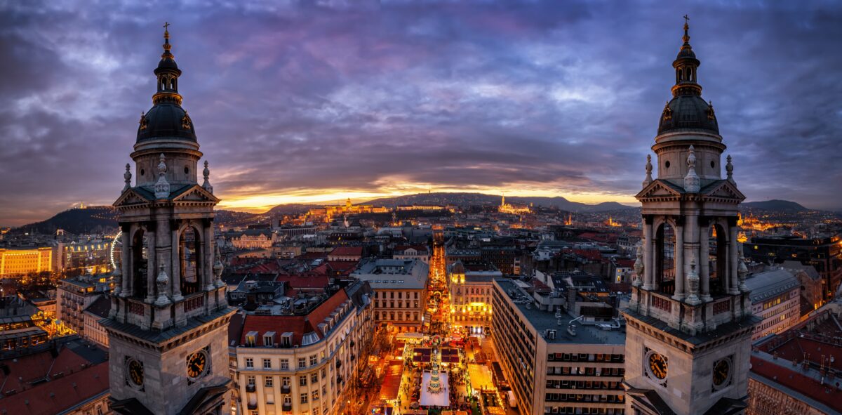 Panoramic view of the skyline of Budapest with a christmas market at the central square