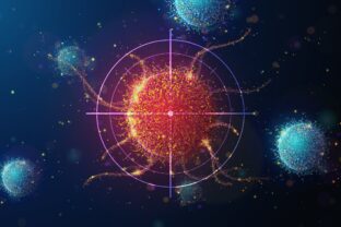 Abstract illustration of targeting cancer cell made of glowing neon particles. Blue geometric background depicting cancer cell screening and disease treatment medical concept. Digital vector illustration