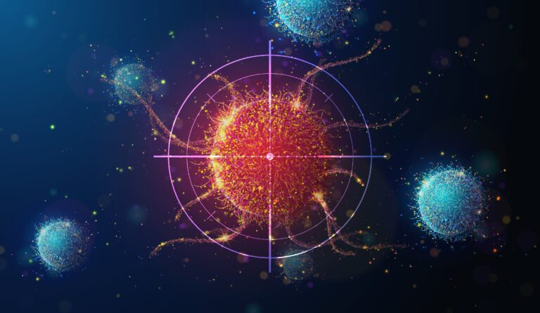 Abstract illustration of targeting cancer cell made of glowing neon particles. Blue geometric background depicting cancer cell screening and disease treatment medical concept. Digital vector illustration