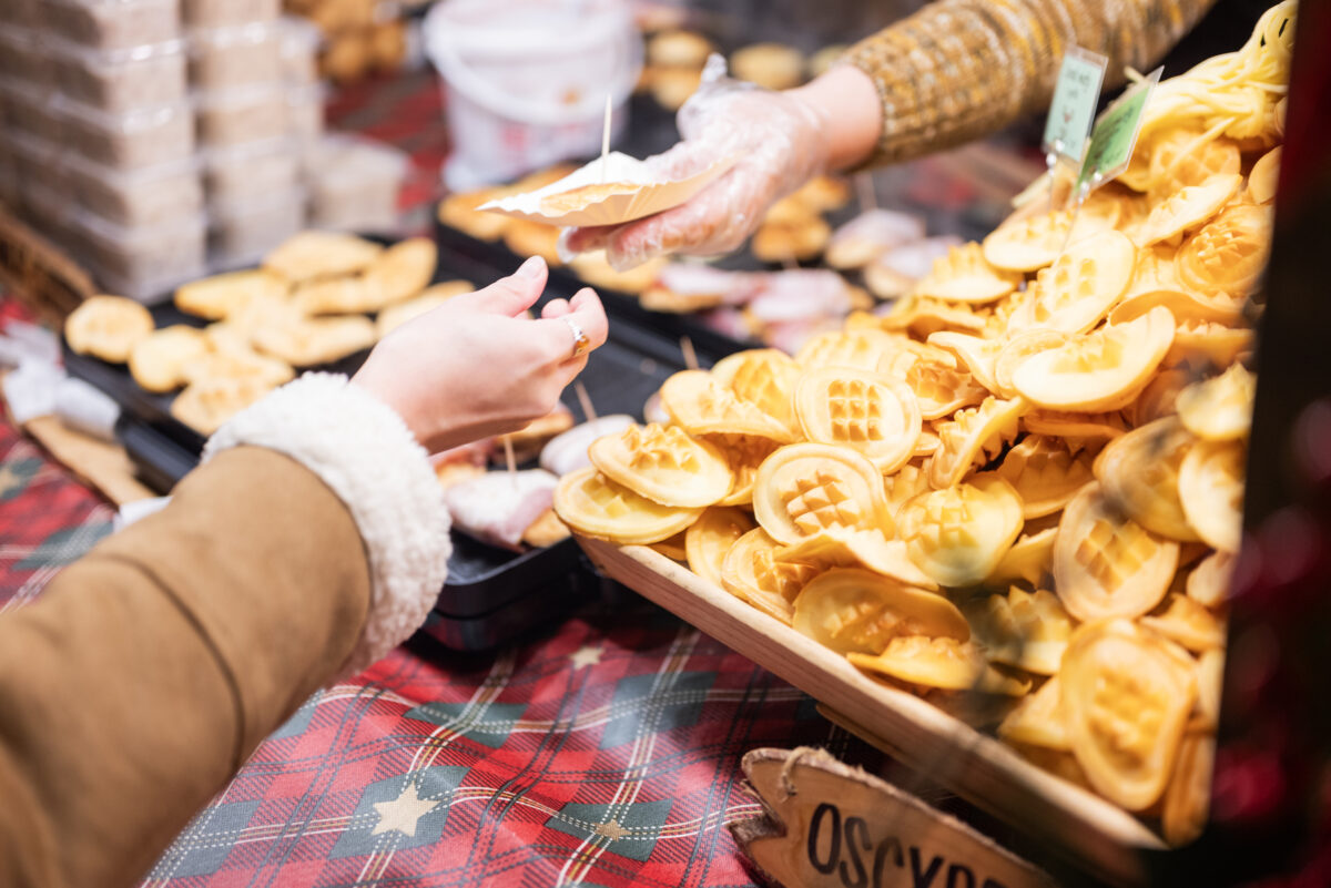 Delicious fried smoked national cheese at the Christmas fair in Gdansk Poland