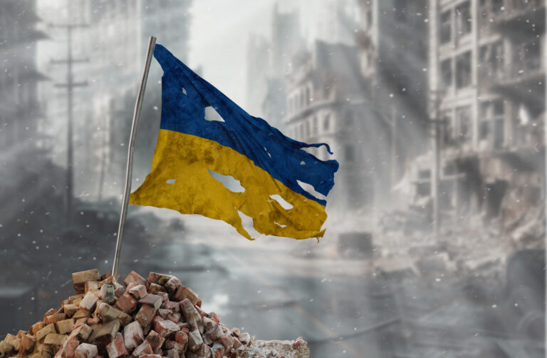 Dirty and torn Ukraine flag, symbol of resistance and victory. A scene of war and devastation, the ruins of a city destroyed by conflicts. 3D Rendering.