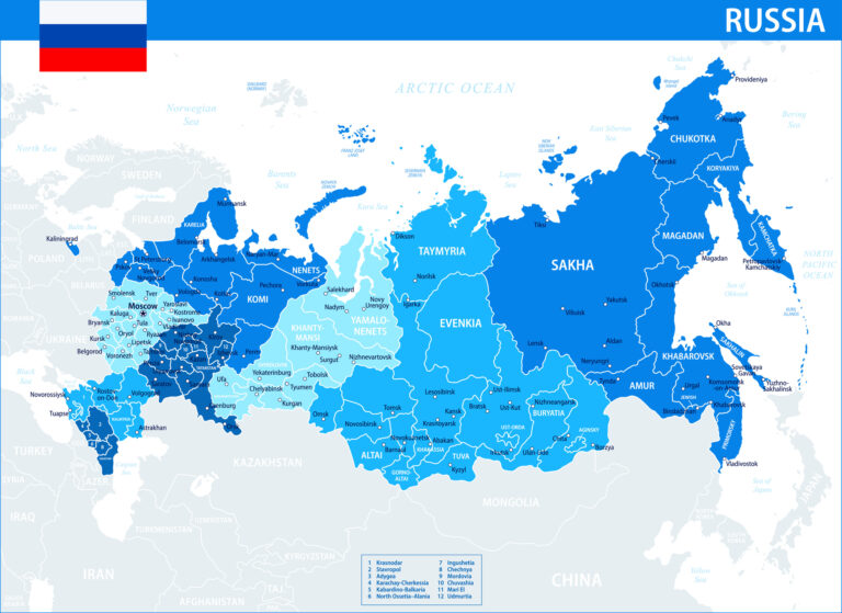 Russia Map Vector Blue Spot - Customizable layered political map of Russia with administrative divisions for website, education, reports, news, politics, print, poster and wallpaper