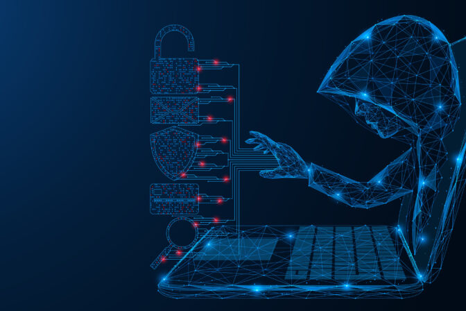 Hacker in a hood gets access to user data from a laptop screen.