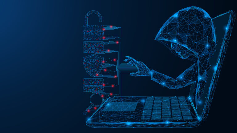 Hacker in a hood gets access to user data from a laptop screen.