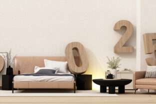 Modern bedroom with wooden 2025 numbers, leather furniture, neutral tones, and minimalist decor, creating a cozy and stylish ambiance for the New Year. 3d rendering.