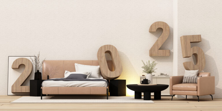Modern bedroom with wooden 2025 numbers, leather furniture, neutral tones, and minimalist decor, creating a cozy and stylish ambiance for the New Year. 3d rendering.