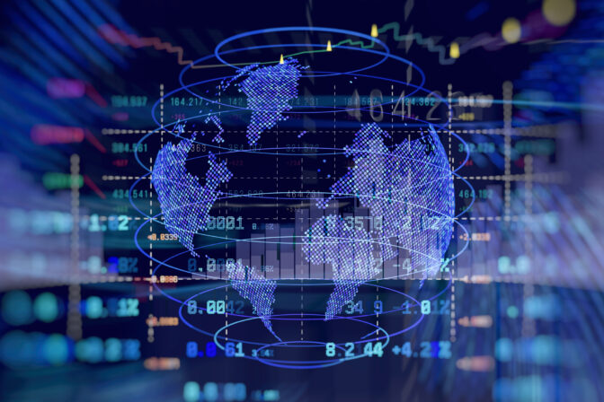 High tech abstract background global financial market interface with world map and digital candlestick chart overlay. Concept for international economics, blockchain and cryptocurrency trading.
